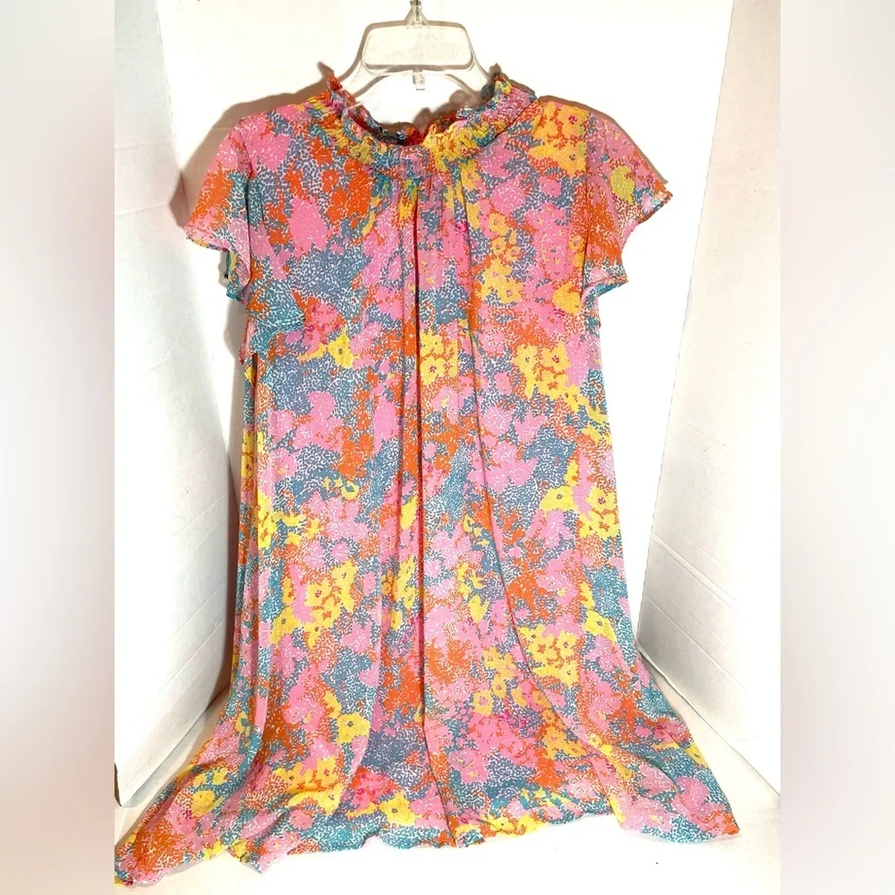 Umgee Floral Boho Shift Dress Size Large Pink Ruffle Neck Flowy Boutique - Picture 2 of 9